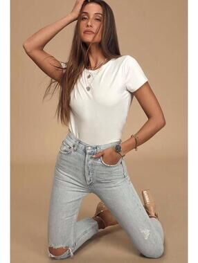 AGOLDE Riley 90s Crop HR Straight Jeans Size 28 Light Wash Distressed Button Fly